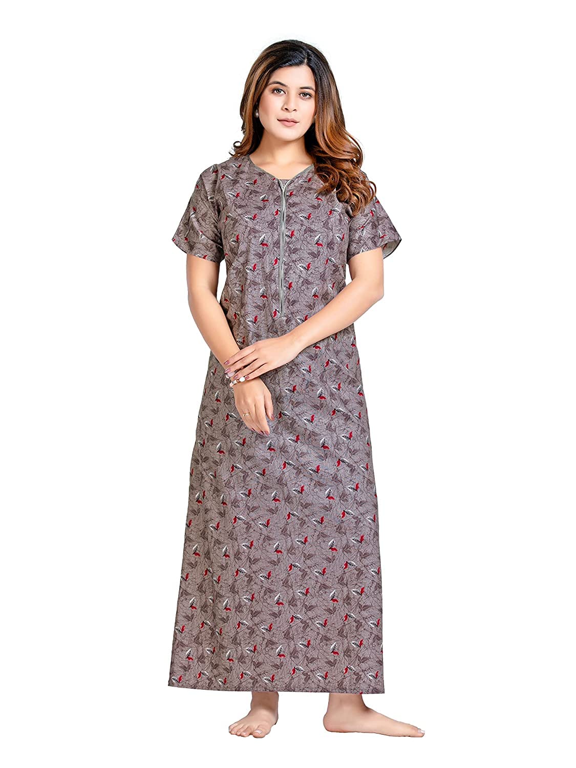 kbnbj Women's Pure Cotton Regular Nighty with Pocket - Free Size(P35) Grey-picture-23