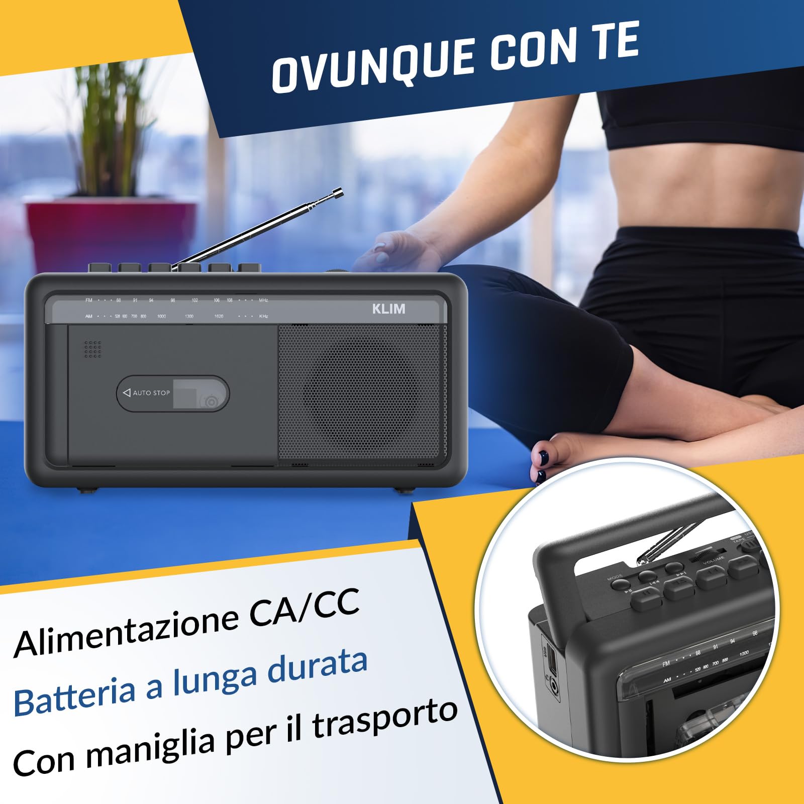 KLIM Lettore Cassette Audio Boombox Radio AM/FM Bluetooth Registratore a Cassette USB Altoparlante Portatile Retrò Nero