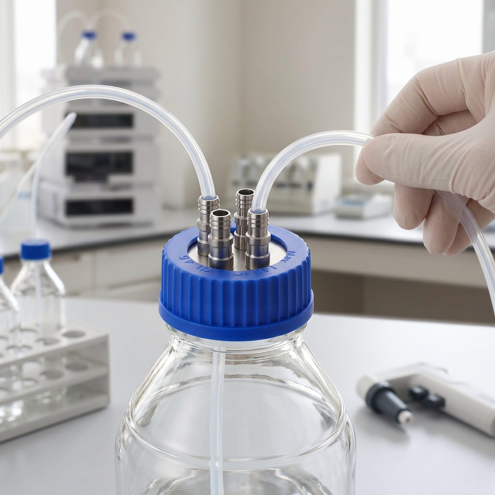 Fafeicy Tapa de Botella de Seguridad GL45, Interfaz de Acero Inoxidable 304 de 4 Puertos, Tapa de Llenado de Fase Móvil Líquida, Diámetro de 8-10 Mm, Tamaño Grande para Botella de