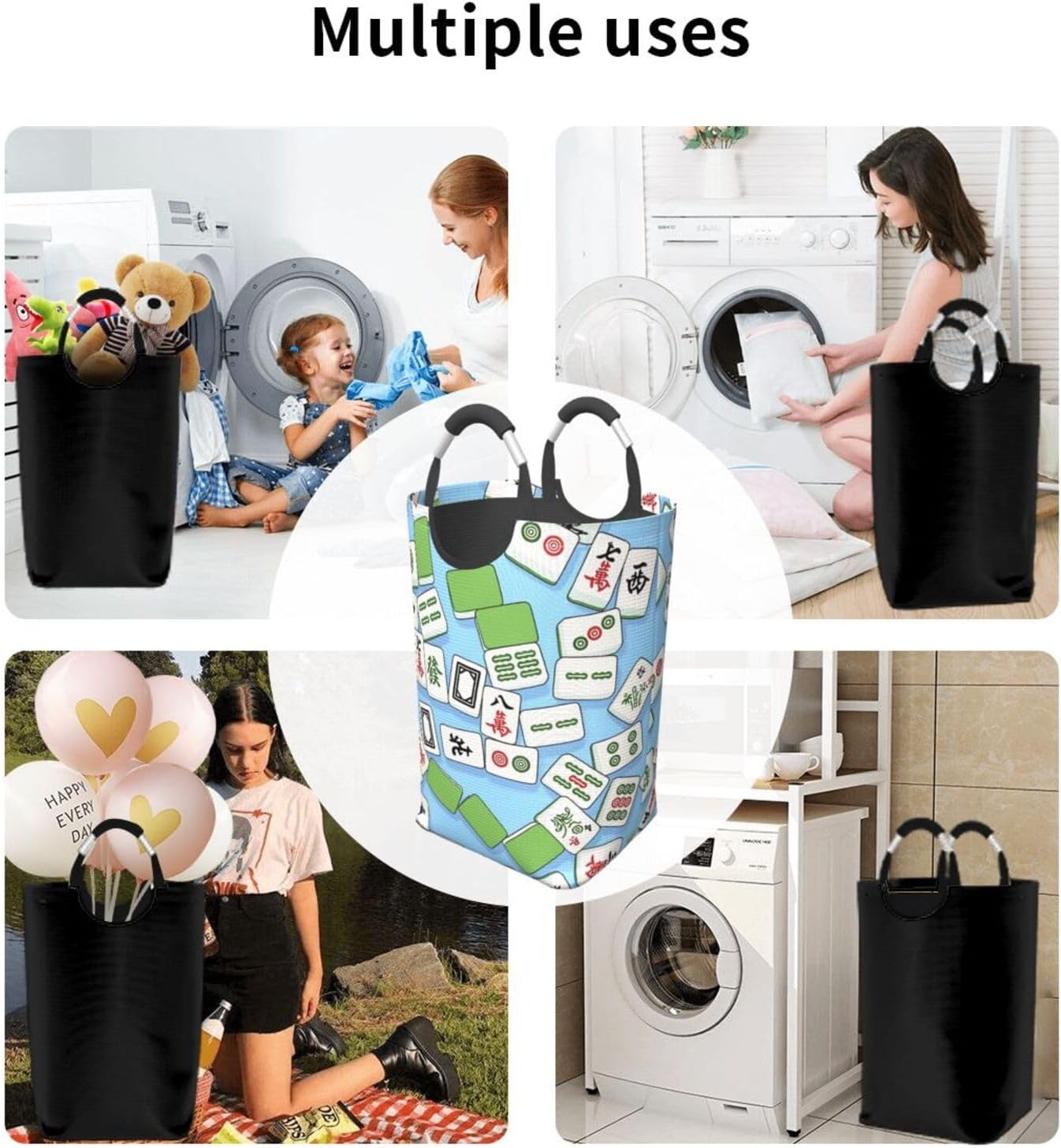 50l Laundry Basket Mahjong 3d Green Waterproof Laundry Hamper Foldable Clothes Laundry Bag With Handles