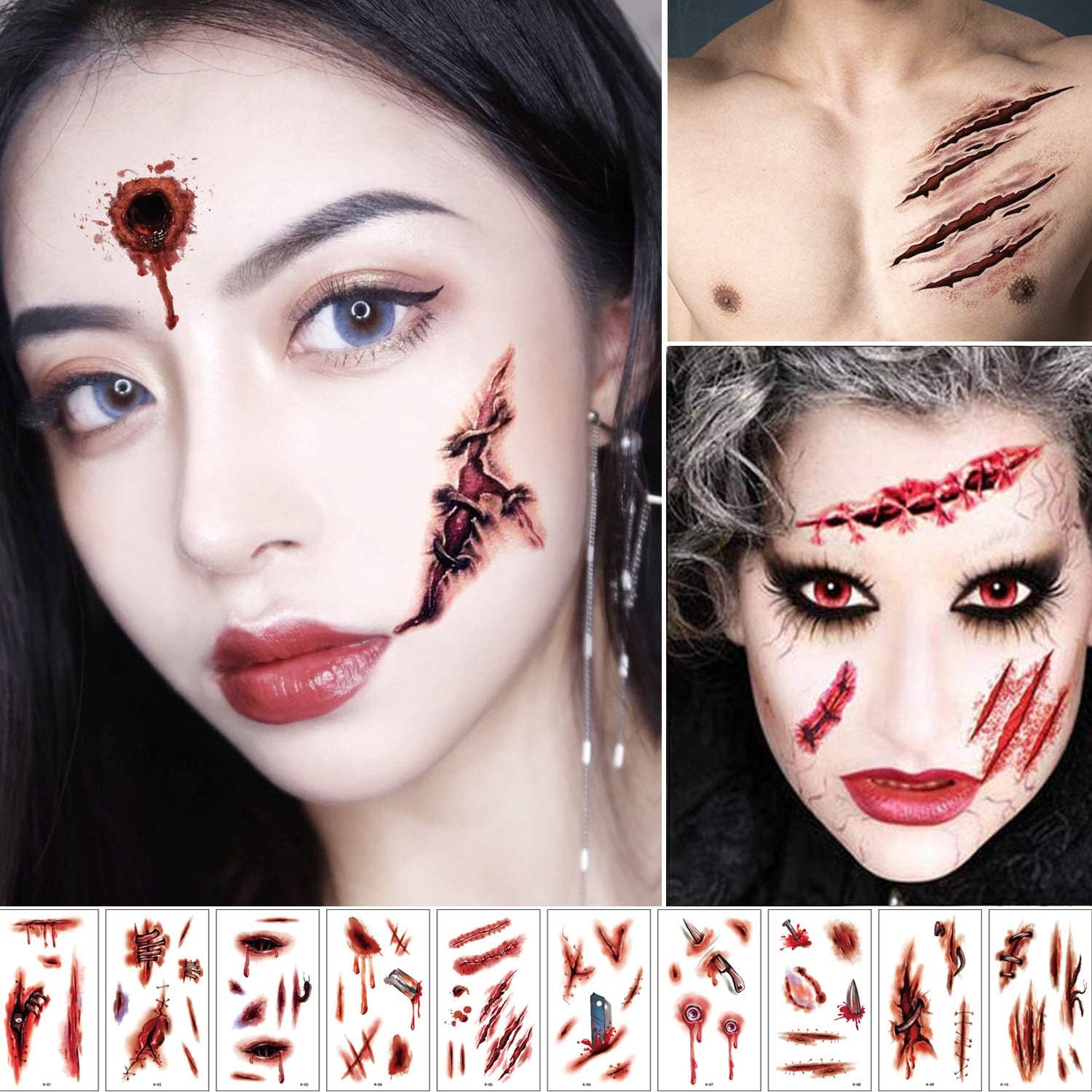 10pcs Halloween Tattoos Temporary Bloody Banners, Halloween Scars Tattoos Stickers Special Costume Make-Up Props, Slightly Waterproof Scars Tattoos for Vampire Zombie Party Decoration Haunted House