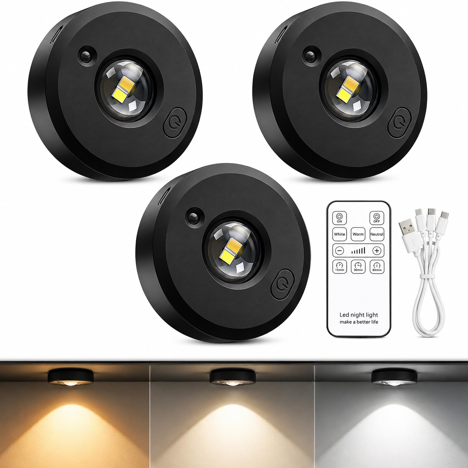3 Pack Under Cabinet Kitchen Lights Magnetic Rechargeable with Remote