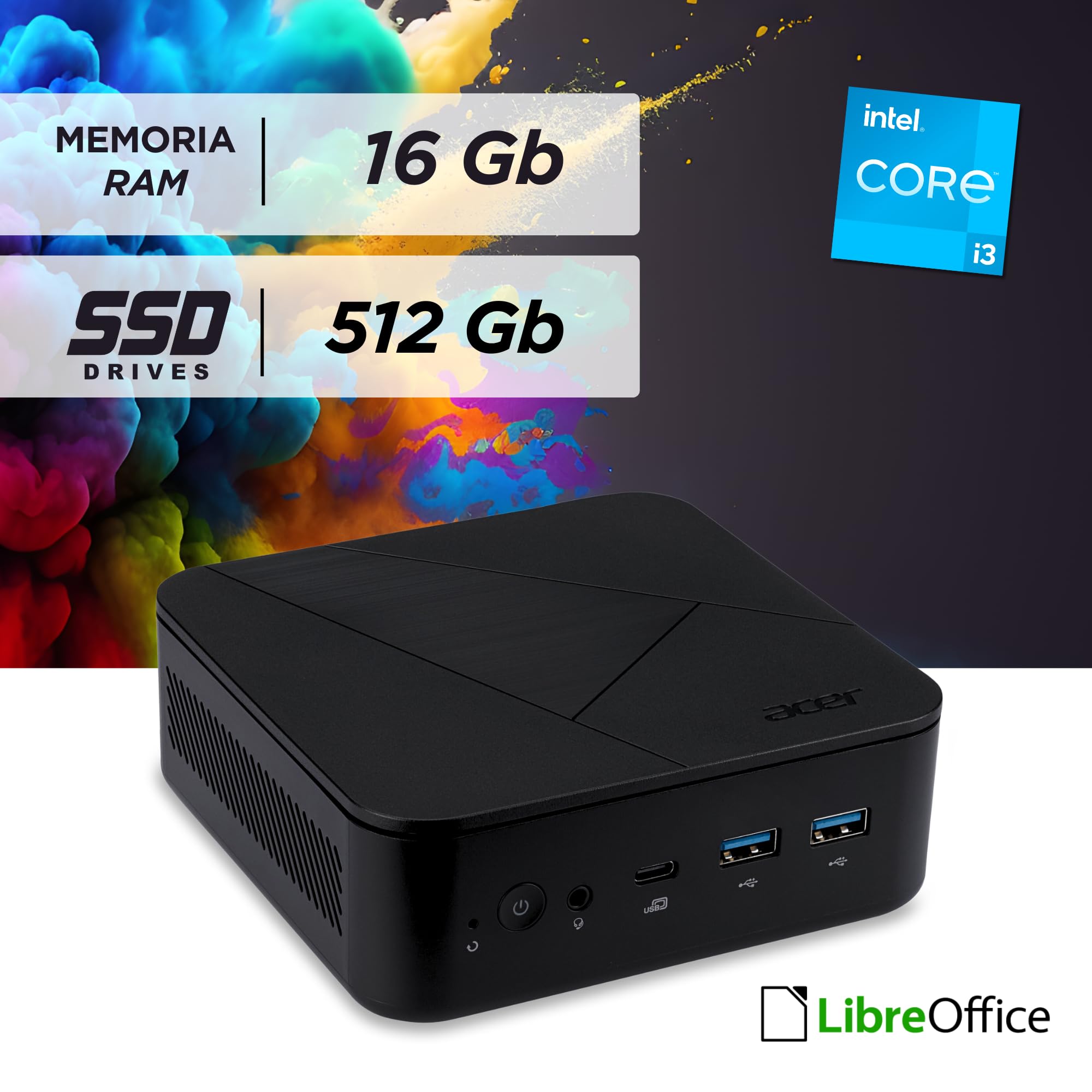 acer Veriton, Barebone Mini PC Intel Core i3-1315U 4.5 Ghz, Ram 16Gb SSD 512Gb, Lan Wi-Fi 6 HDMI, Pc Desktop Tiny Pronto all'uso con Libre Office, Windows 11 Pro
