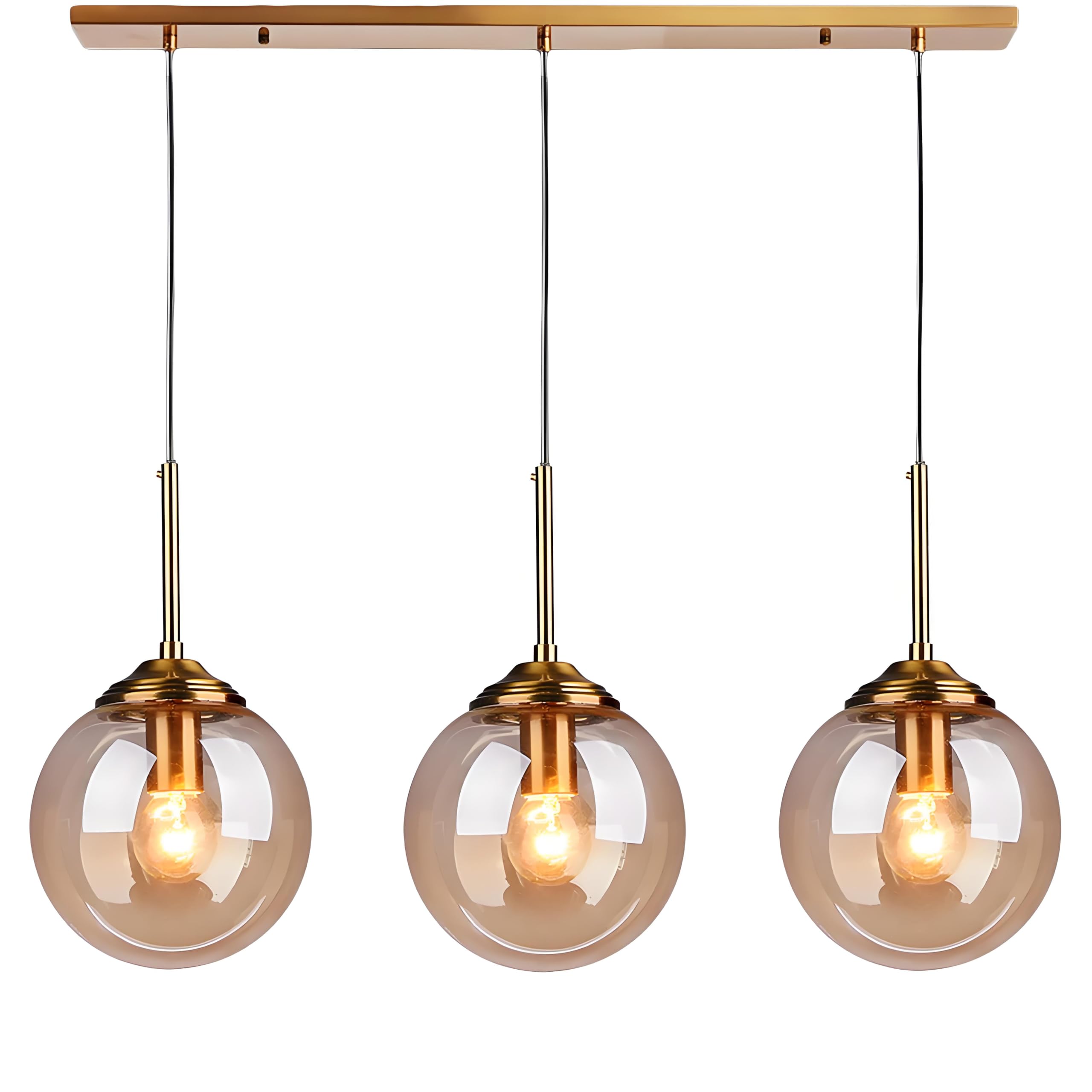 XIRYTU-H Industrial Vintage 3 Way Pendant Light with Brass Metal Finish,Adjustable Dining Room Lights Ceiling Over Table,3-in-1 Glass Ball Hanging Lamp for Kitchen Island Loft Bar (Amber, Straight)