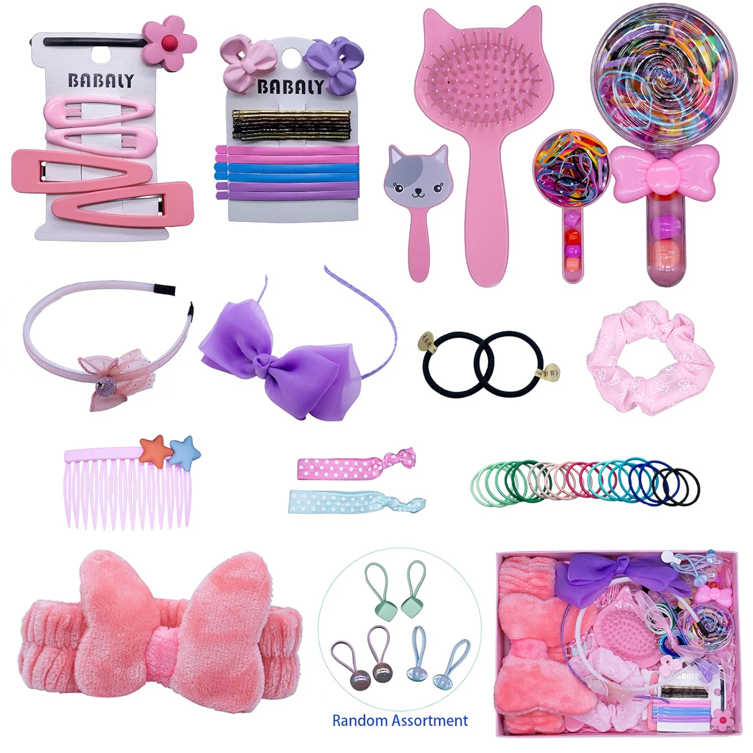 BABALY Girls' Fashion Hair Styling Accessories Value Pack, 100pcs Fully Assorted Selective Exquisite Hair Accessories of Daily Essential Use For Grils,Including Hairpins,Head band,Hairbands,Hair elastics&ties,Hair clips,Hair brush,Hair comb,Nice Gift with a Gift Box Package : Beauty & Personal Care