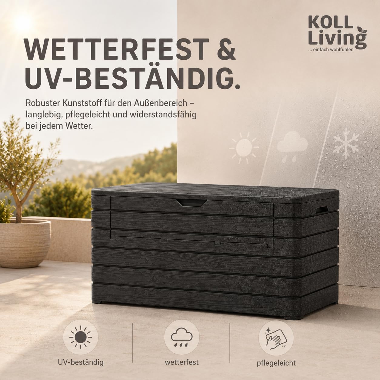 Koll Living Gartenbox/Auflagenbox Nora 970 Liter | Anthrazit | Aufklappbare Front | UV- und witterungsbeständig | 100% Wasserdicht | Belüftet daher Schimmelfrei | 147 x 83 x 85 cm | Gasdruckfedern