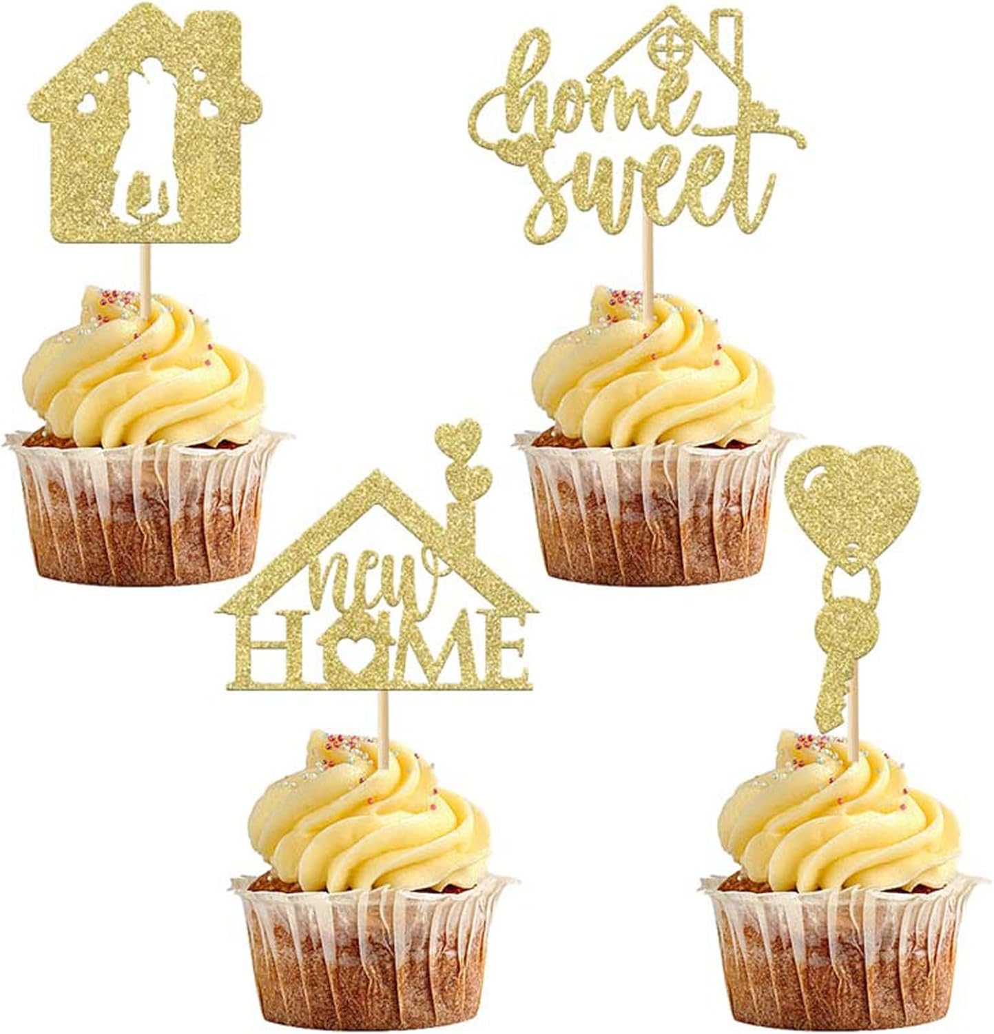 24Pcs New Home Cupcake Toppers Gold Glitter Sweet Home Cupcake Picks Key Housewarming Theme Party Cake Decorations Supplies