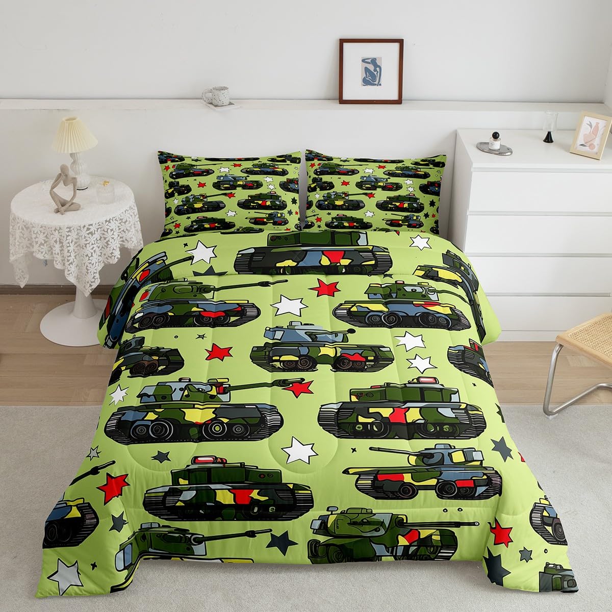 War Theme Kids Comforter Set Queen Size,Hand Drawn Stars Camouflage Army Green Tanks Bedding Set,Boys Men Room Decor,Cartoon Aircraft Airplane Down