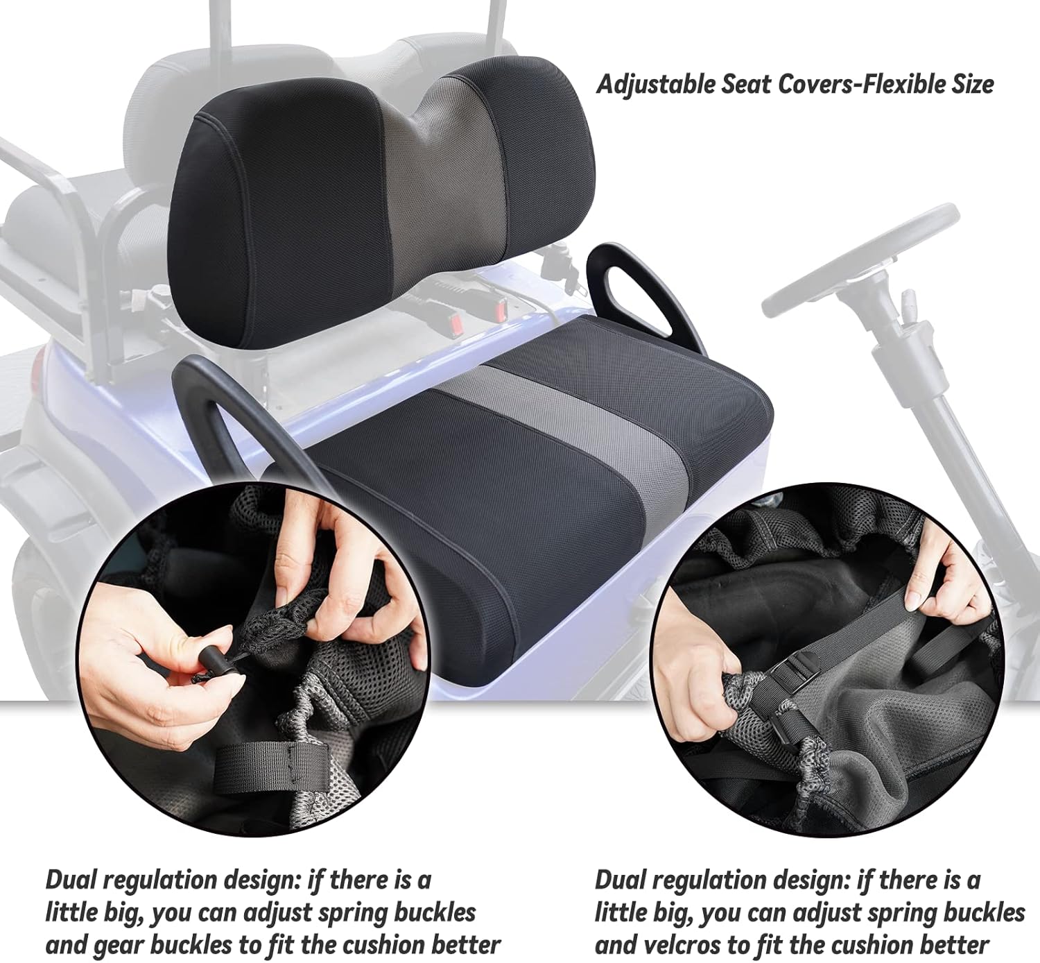Golf Cart Seat Covers Fit EZGO TXT/Club Car DS/Club Car Precedent/Yamaha Drive/Aftermarket Common Rear Seat Kit, Washable Breathable Air Mesh Cloth Adjustable Seat Cover, Black and Gray