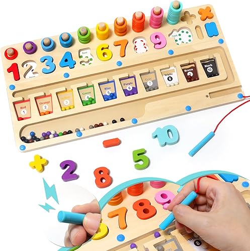 Juguetes Montessori 3 en 1 para niños de más de 3 años, laberinto magnético de color y número, tablero de madera educativo de número y forma, juego
