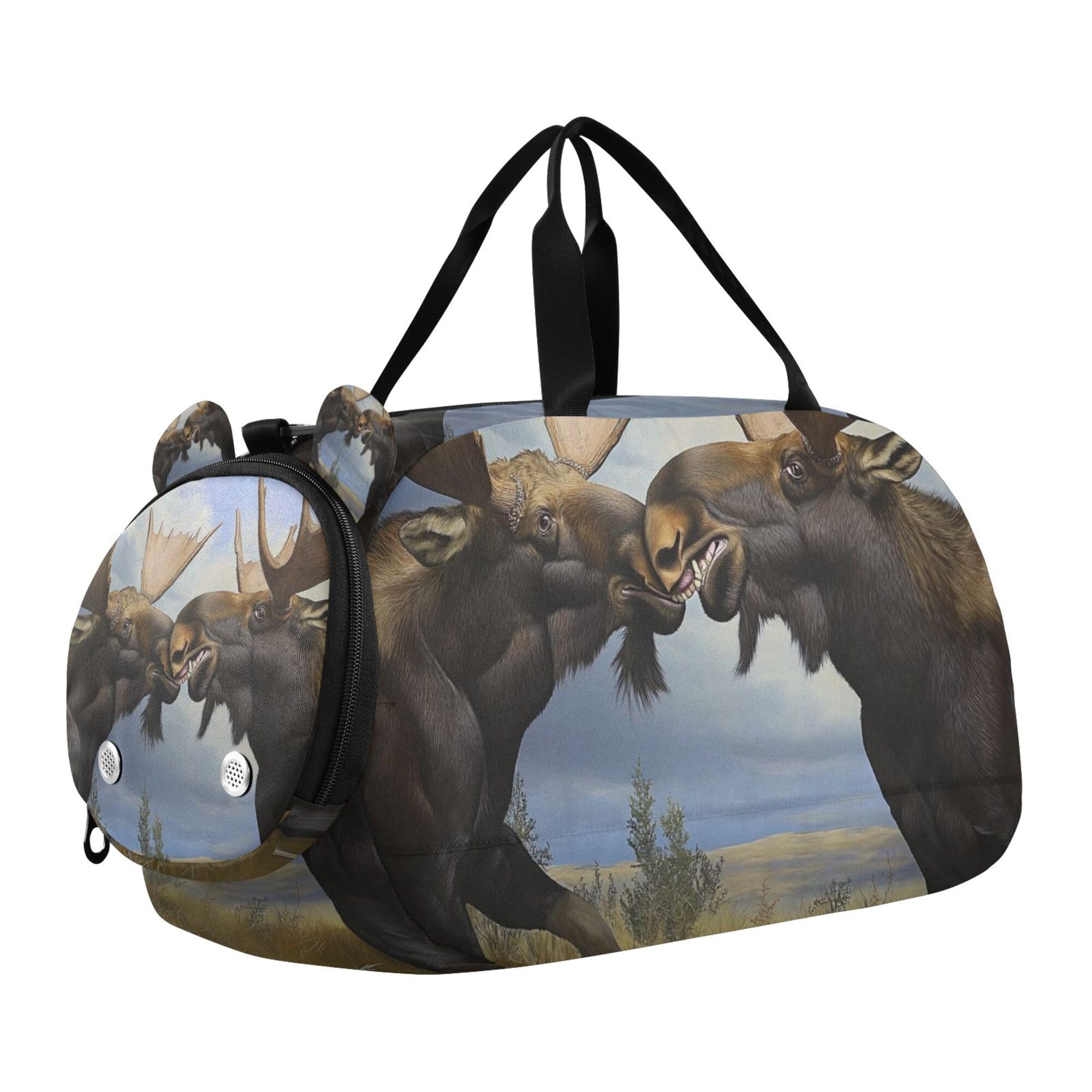 Glaphy Moose Heads Duffle Bag for Toddler Boys Girls, Gym Sports Bag with Shoe Compartments, Kids Travel Overnight Weekender Shoulder Bag