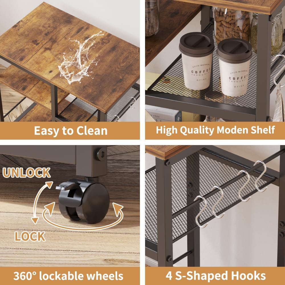 Kitchen Microwave Cart，Rolling Kitchen Cart with Lockable Wheels, 4-Tier Microwave Stand, Bakers Rack Island, Coffee Cart Appliance Storage, Kitchen Table for Office, Living Room