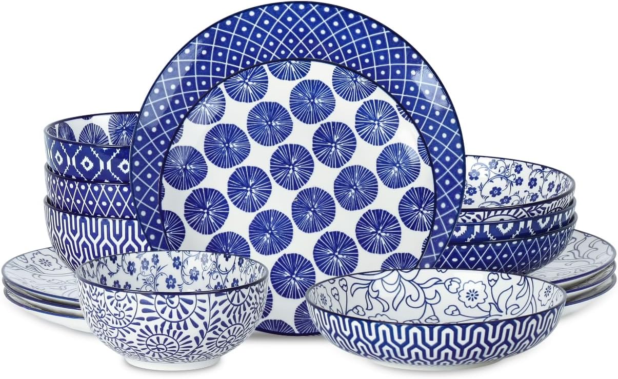 Selamica Ceramic Dinnerware Sets, 16 Pieces Dishes Set for 4, Kitchen Plates and Bowls Sets, Dishwasher & Microwave Safe, Vintage Blue