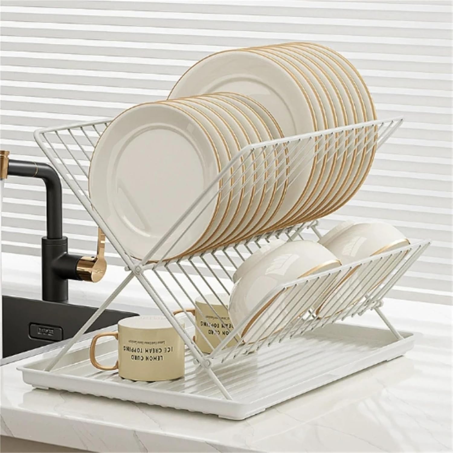 Dish Drying Rack Collapsible dish Racks Carbon Steel/Stainless Steel Dish Drainers For KitchenKitchen Counter Water Catcher Tray(Single rack)