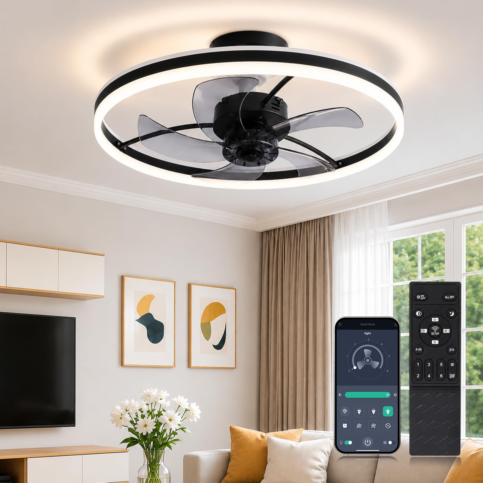 Deckenventilator mit Licht 50cm LED Dimmbar 3000K-6000K Fernbedienung App-Steuerung Flüsterleise 30dB Schlafzimmer Wohnzimmer Schwarz
