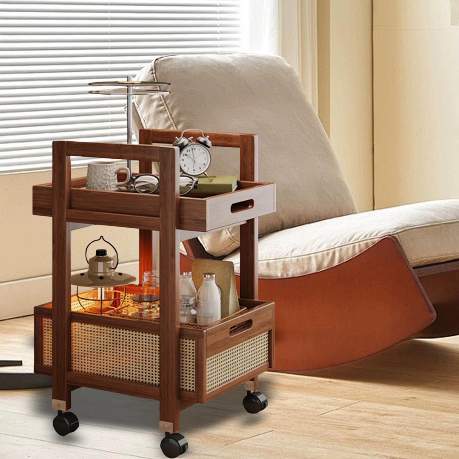 Carrello mobile da tè con design a 2 ripiani, per casa e dormitorio, carrello multiuso in bambù e MDF, con ruote e ruote bloccabili