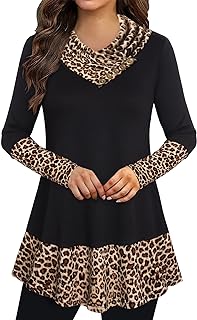 Cowl Neck Tunics Long Sleeve Patchwork Form Fitting Casual A-Line Top Blouse
