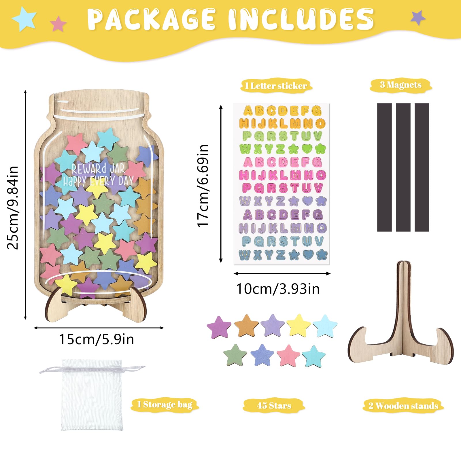Lot de 45 bocaux de récompense magnétiques, grand pot en forme d'étoile de 25 x 15 cm, système de récompense pour enfants, comportement à domicile, école, salle de classe, apprentissage de la propreté