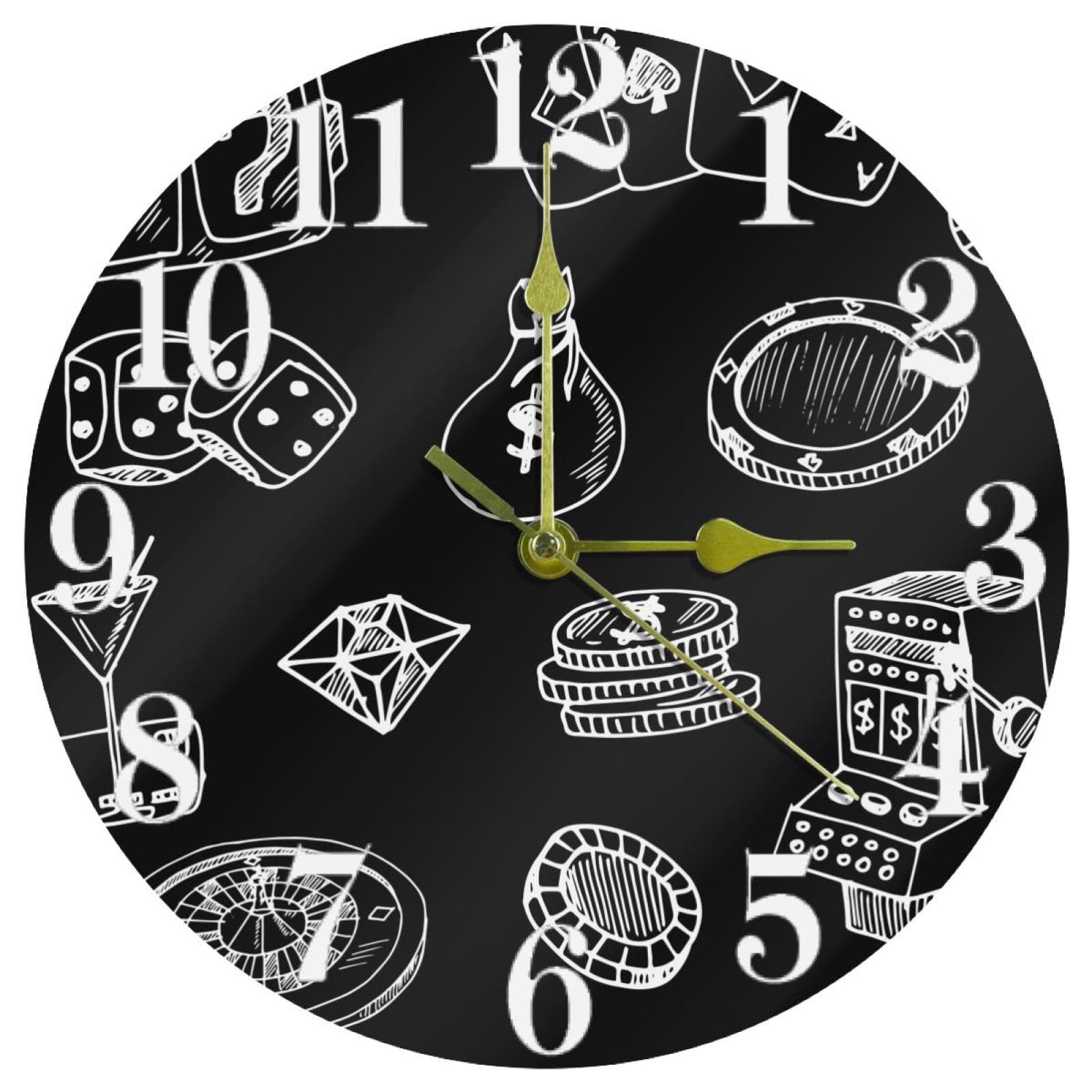 Horloge murale silencieuse à quartz Doodle Poker, mouvement sans tic-tac pour un sommeil serein