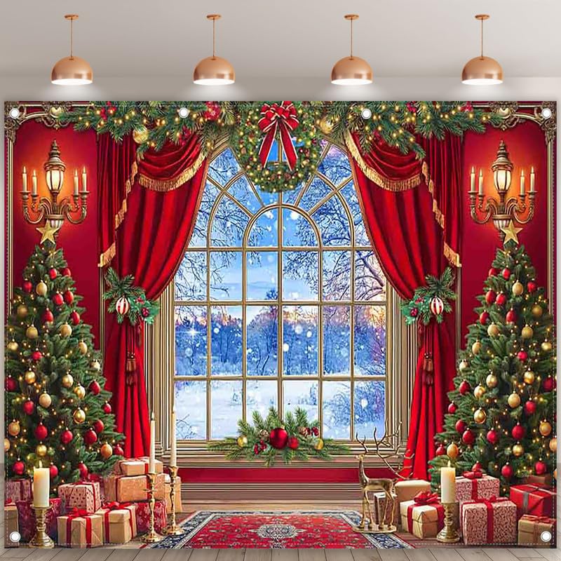 Luminora 3x2,4m Toile de Fond de Noël Rideau Rouge Sapin Hiver Neige Nuit | Cadeau Élan Photographie Fond Décorations de fête de Noël Bannière Photo Accessoires