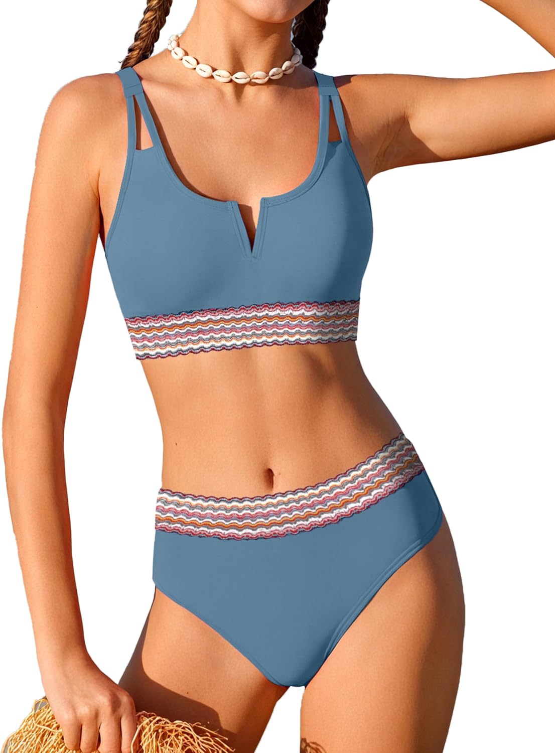 BAVADER Girls Swimsuit High Waisted Bathing Suit for Girls V-Neck Cutout Two Piece Swimwear Color Block Welt Bikini Set 9-16y