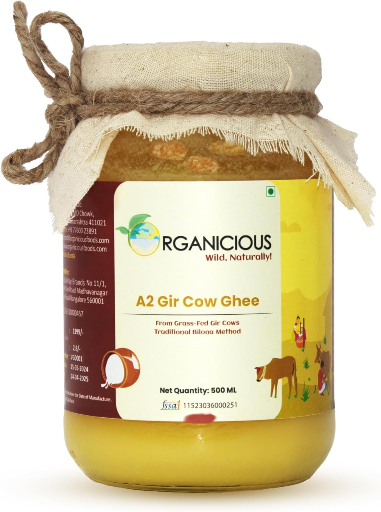 Organicious A2 Gir Cow Desi Ghee (500 ml) | Cultured Cow Desi Ghee | Curd-Churned Bilona Ghee | Pure, Natural, and Healthy | Grass-Fed A2 Gir Cow Ghee