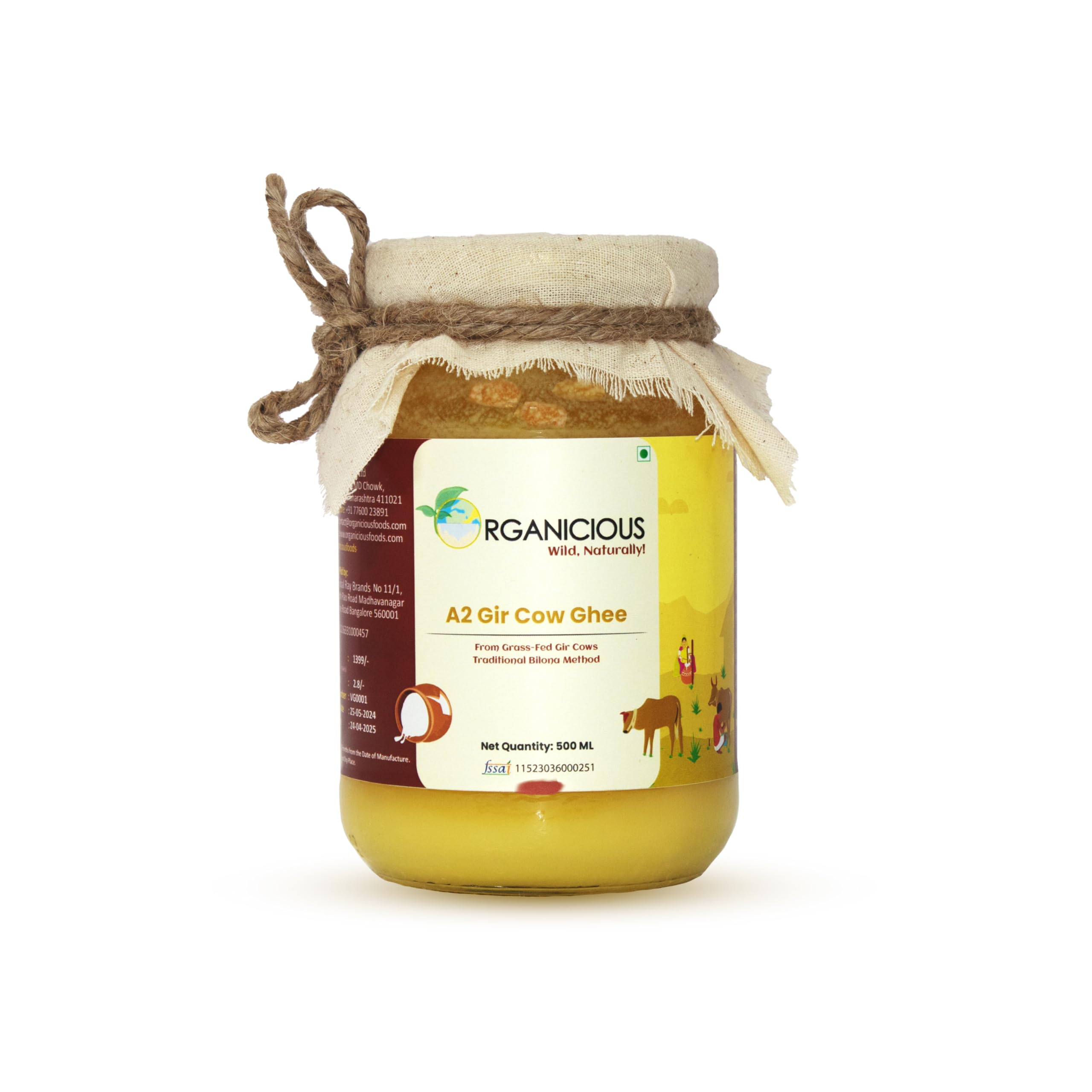 Organicious A2 Gir Cow Desi Ghee (500 ml) | Cultured Cow Desi Ghee | Curd-Churned Bilona Ghee | Pure, Natural, and Healthy | Grass-Fed A2 Gir Cow Ghee