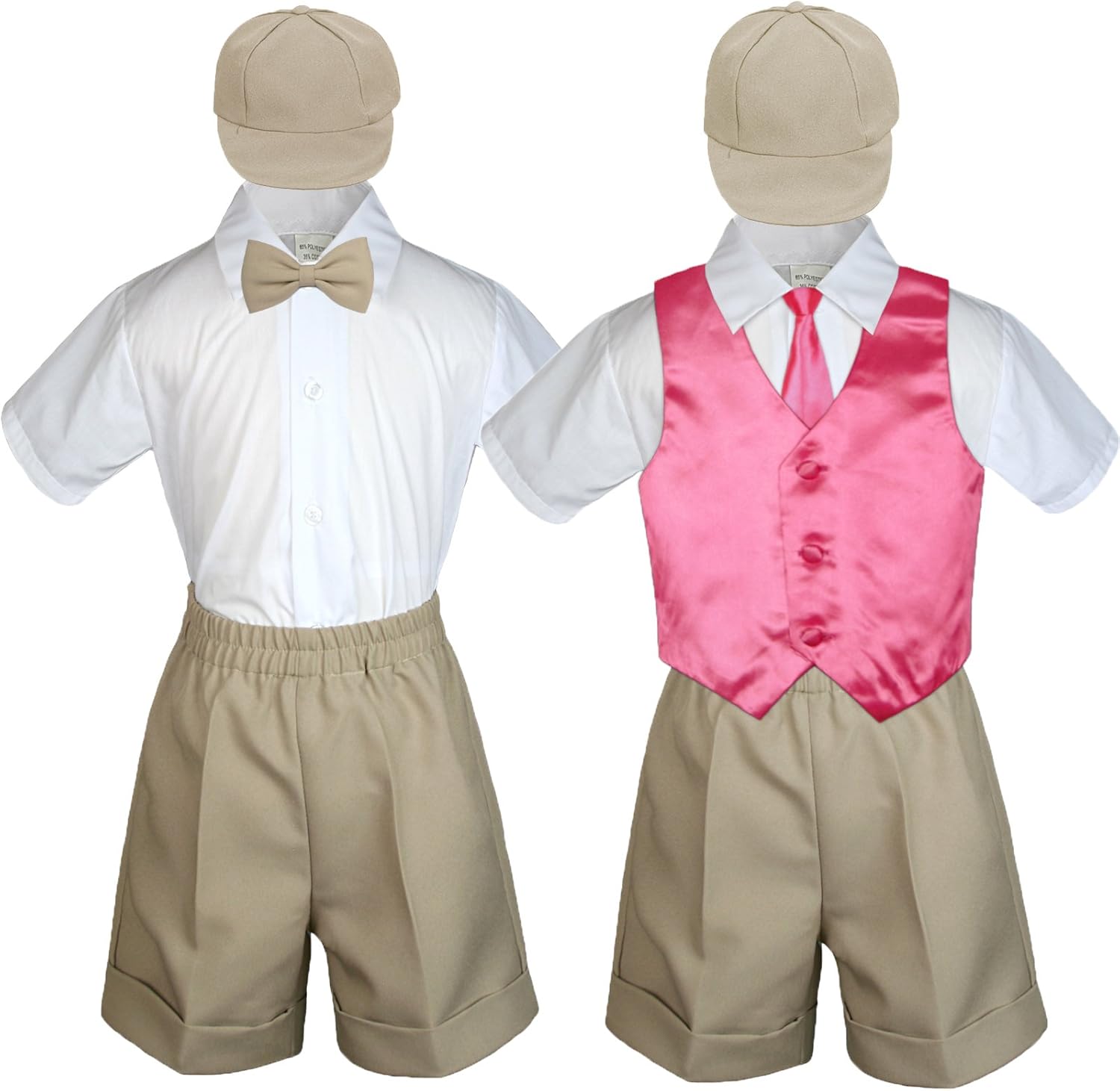 Baby Kid Toddler Boy Party Suit Khaki Shorts Shirt Hat Necktie Vest Set Sm-4T (Small (0-6 Months), Coral)
