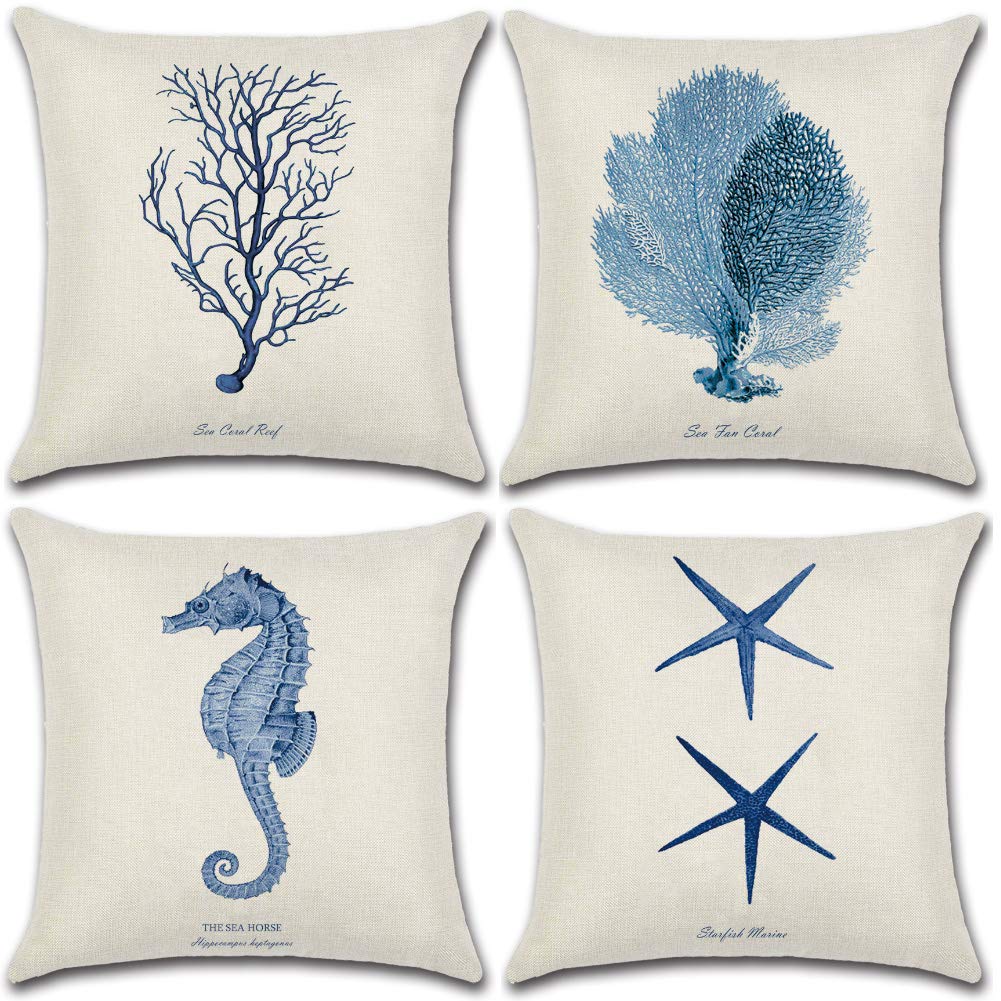 Soleebee Poliéster Fundas de Almohada, 45 x 45cm Fundas de Cojines Home Decorativos para Sofá Cama Juego de 4 (Estrella de mar/Coral)