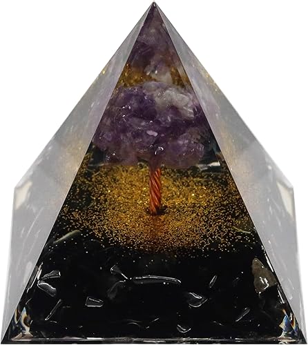 Pirámide de orgón, árbol de la vida, cuarzo amatista y obsidiana negra, cristales curativos pirámides de orgonita para protección de energía