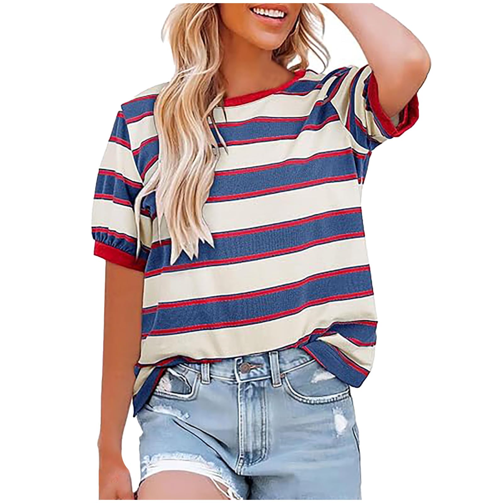 Women's Short Sleeve T Shirts Striped Casual Loose Fit Color Block Blouses Tee Shirts Summer Baggy Lightweight Tops