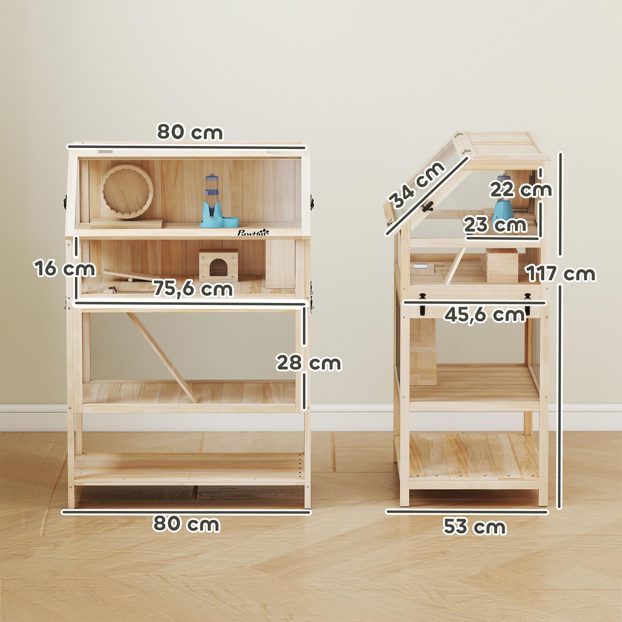 PawHut Gabbia per criceto in legno XXL – Habitat per roditori a 3 piani con pannello acrilico e ruota – Casa piccolo animale di lusso con accessori e ripiano di stoccaggio, 80 x 53 x 117 cm, effetto