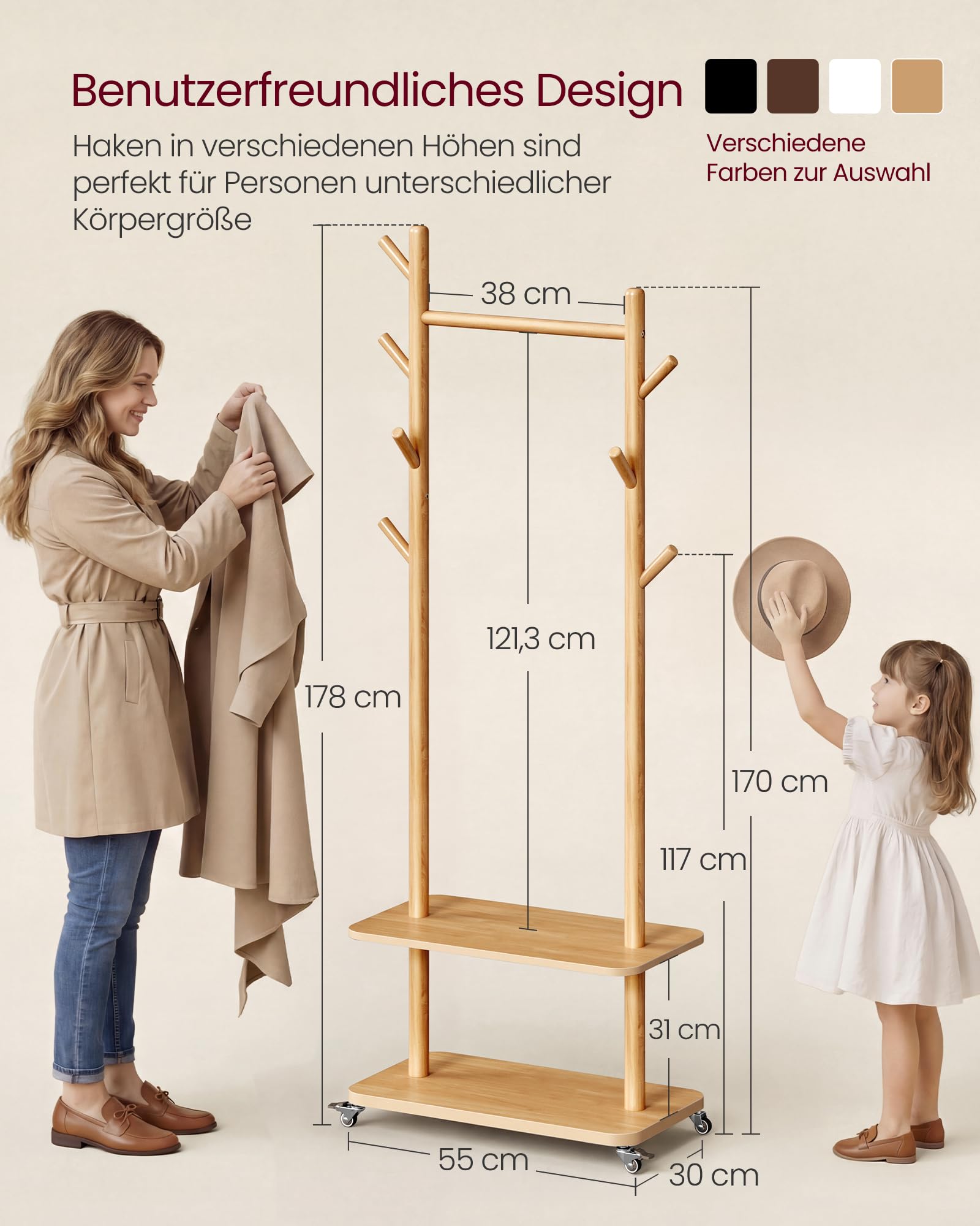 VASAGLE Garderobenständer, Kleiderständer, 7 Haken, 2 Ablagen, 4 drehbare und abnehmbare Rollen, Haken und Stange aus Massivholz, Flur, Schlafzimmer, Wohnzimmer, naturfarben RCR053YK01