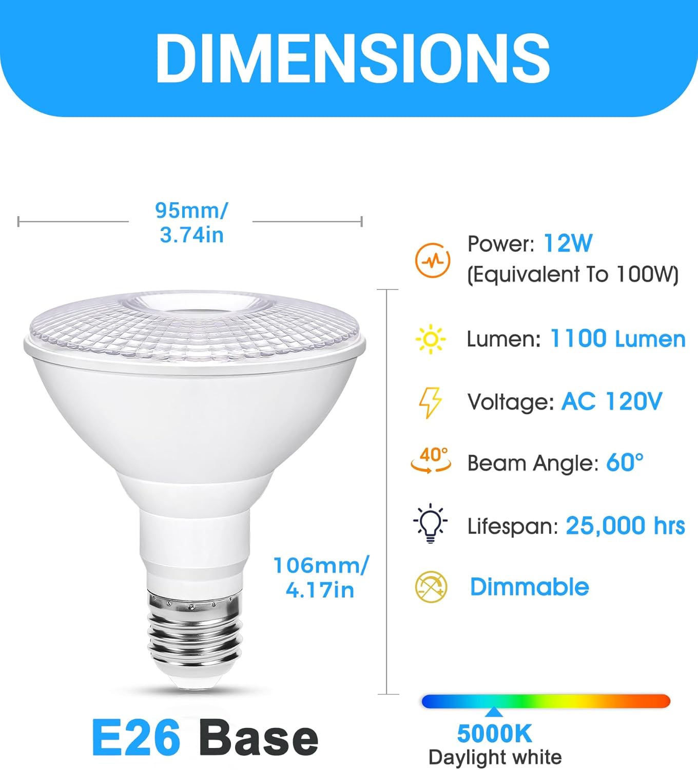 Flaspar 2 Pack PAR30 LED Flood Light Bulb Outdoor, 12W 100W Equivalent Spotlight Indoor, 1100LM Dimmable Track Lighting E26 5000K Daylihgt White LED Flood Bulbs for Security Recessed Bulb Lighting
