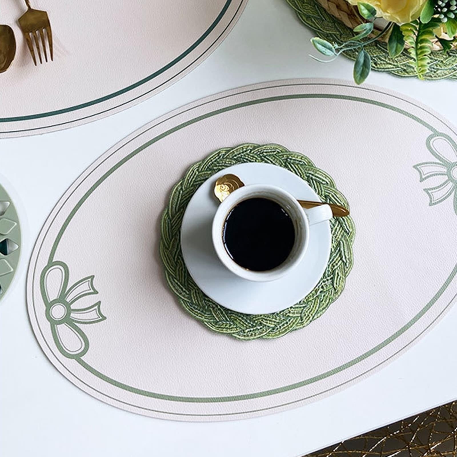 Placemat - Juego de 6 manteles individuales con lazo verde claro, estilo francés, 30 x 45 cm, para cocina y comedor