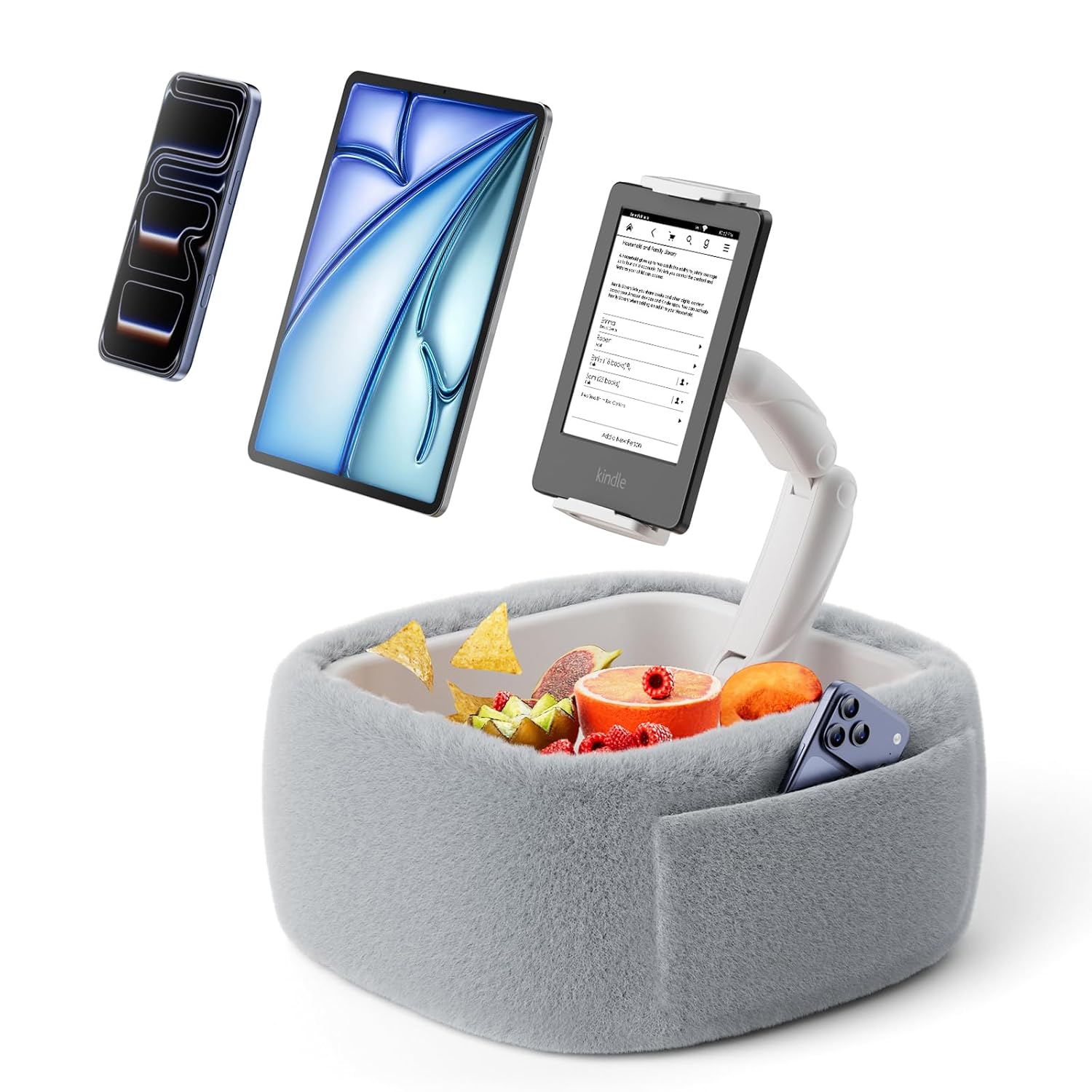 LULULOOK Ultra Fluffy Kindle Pillow Stand for Reading Lap Tablet Pillow Stand with Snack Bowl Flodable Arm Compatible
