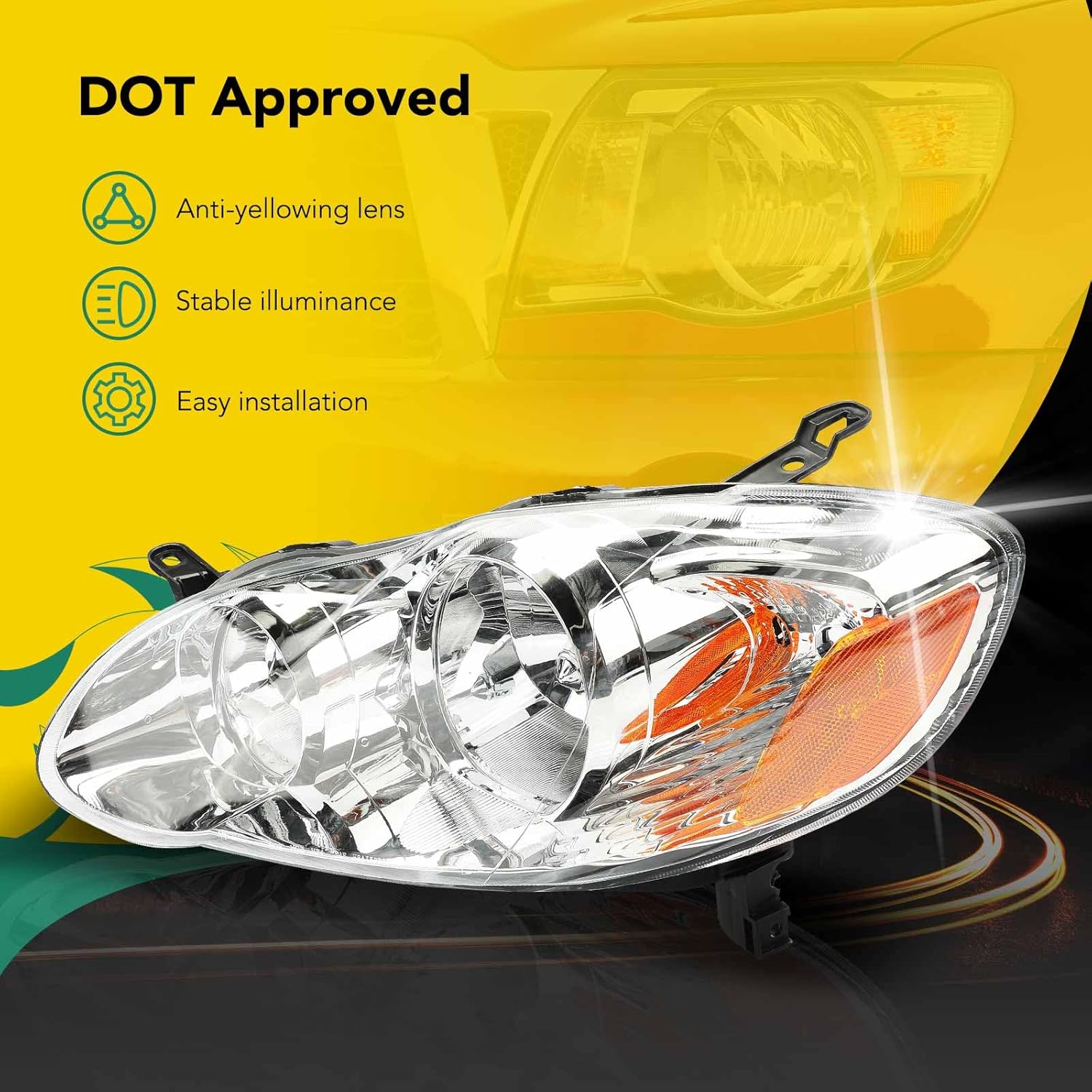 YHTAUTO Pair Headlights Assembly Compatible with 2003 2004 2005 2006 2007 2008 Toyota Corolla Headlights, No Bulbs Included, Direct Fit DOT Certified Head Lights Lamps, Clear Lens Chrome Housing