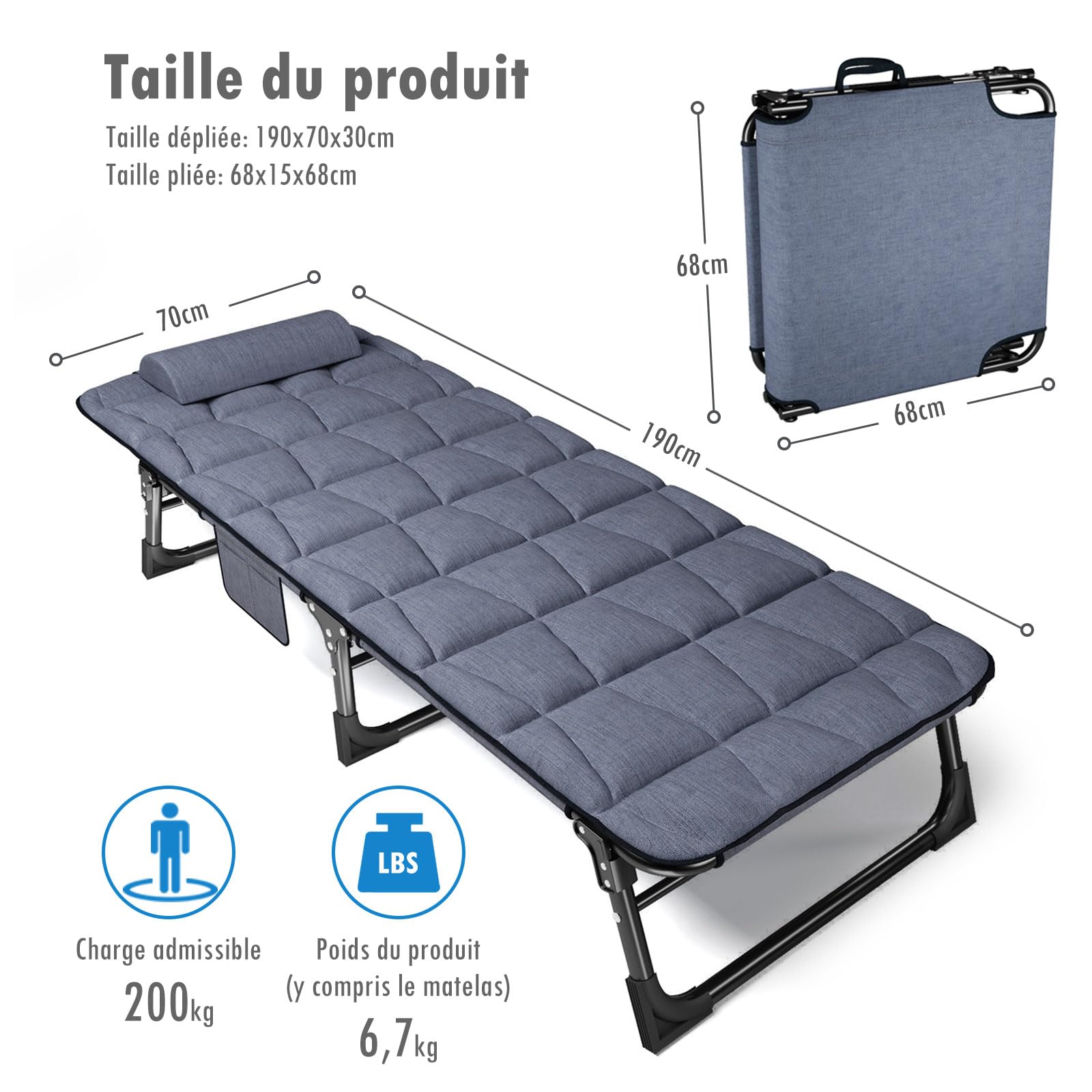 ATORPOK SHOP Bain de Soleil avec Dossier 4 pos réglable, lit de Camping Multi-usages Portable et Chaise Longue inclinable pour Jardin/Piscine/Terrasse, Matelas rembourré et Oreiller - Bleu