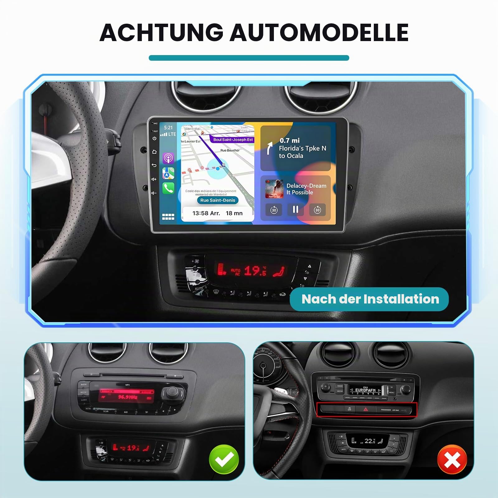 Roinvou 2+64G Android Autoradio Navi für Seat Ibiza 2009-2013 mit Wireless Carplay und Android Auto, 9 Zoll Touchscreen Radio mit Mirror Link Bluetooth WiFi GPS EQ FM/RDS SWC Rückfahrkamera