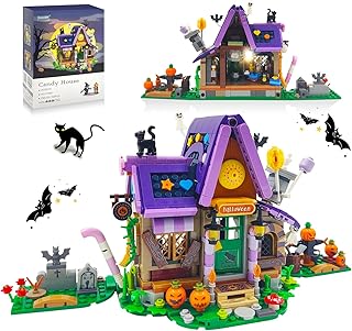 Halloween Haunted House Building Blocks Kit, Halloween Candy House Building Bricks with Light, Wizard - Pumpkin 2 Mini Figures, Cat, Ghost, Bat Toy Gift for Kid not Compatible with Lego (780PCS)