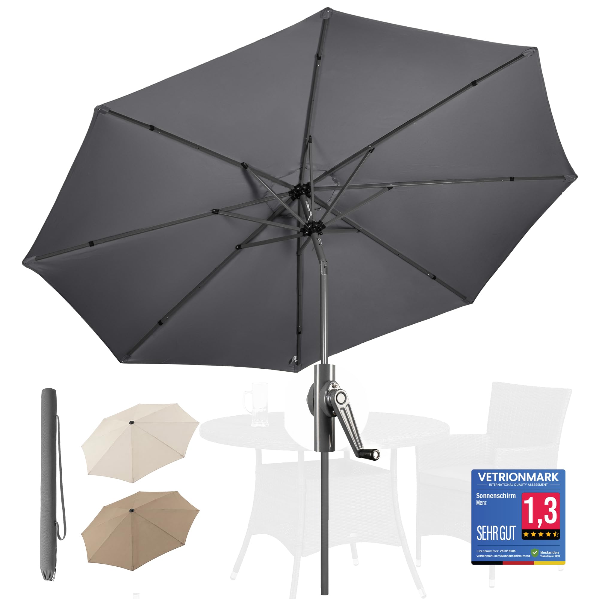 4smile Sonnenschirm 300 cm, mit Kurbel – großer Sonnenschirm Balkon für die Terrasse, mit UV 50+ Schutz, 3 m Durchmesser, kippbar um 45°, flexibel und neigbar für ganztägigen Sonnenschutz, Anthrazit