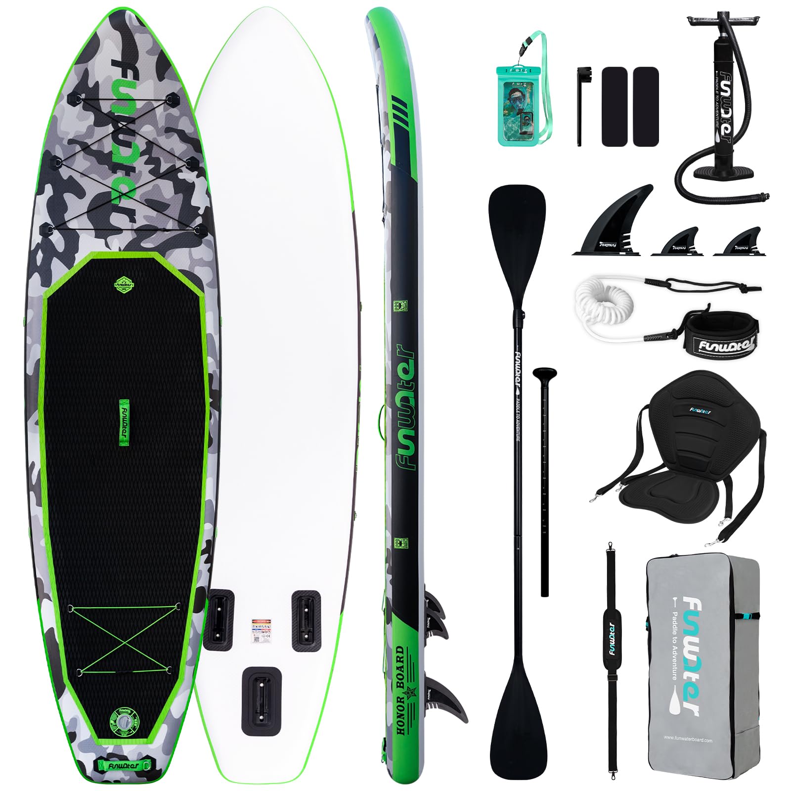 FunWater Sup Gonfiabile Portatile: Tavola Gonfiabile, Pinne, Pompa, Pagaia, Zaino e Guinzaglio di Sicurezza-Ideale per Adulti e Ragazzi,Tutti i Livelli