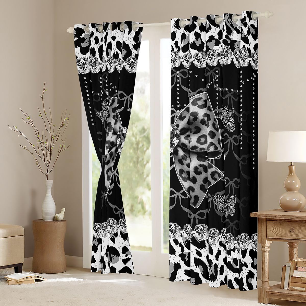 Homewish Kokarda nadruk w panterkę kot gepard czarno-szare zasłony okienne 117 x 137 cm, 2 zestawy paneli - kokardka ombre, zasłony zaciemniające, motyle, zasłony okienne, wstążka