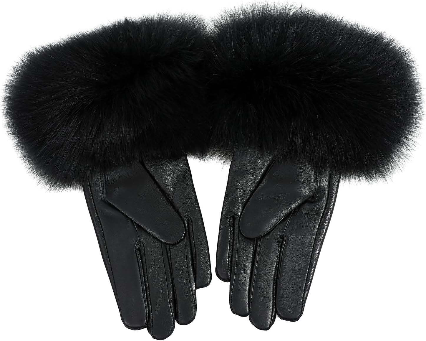 Women Genuine Lambskin Leather Gloves With Real Fox Fur Trim Cuff Winter Warm Driving Gloves-Velvet Lined - Image 3