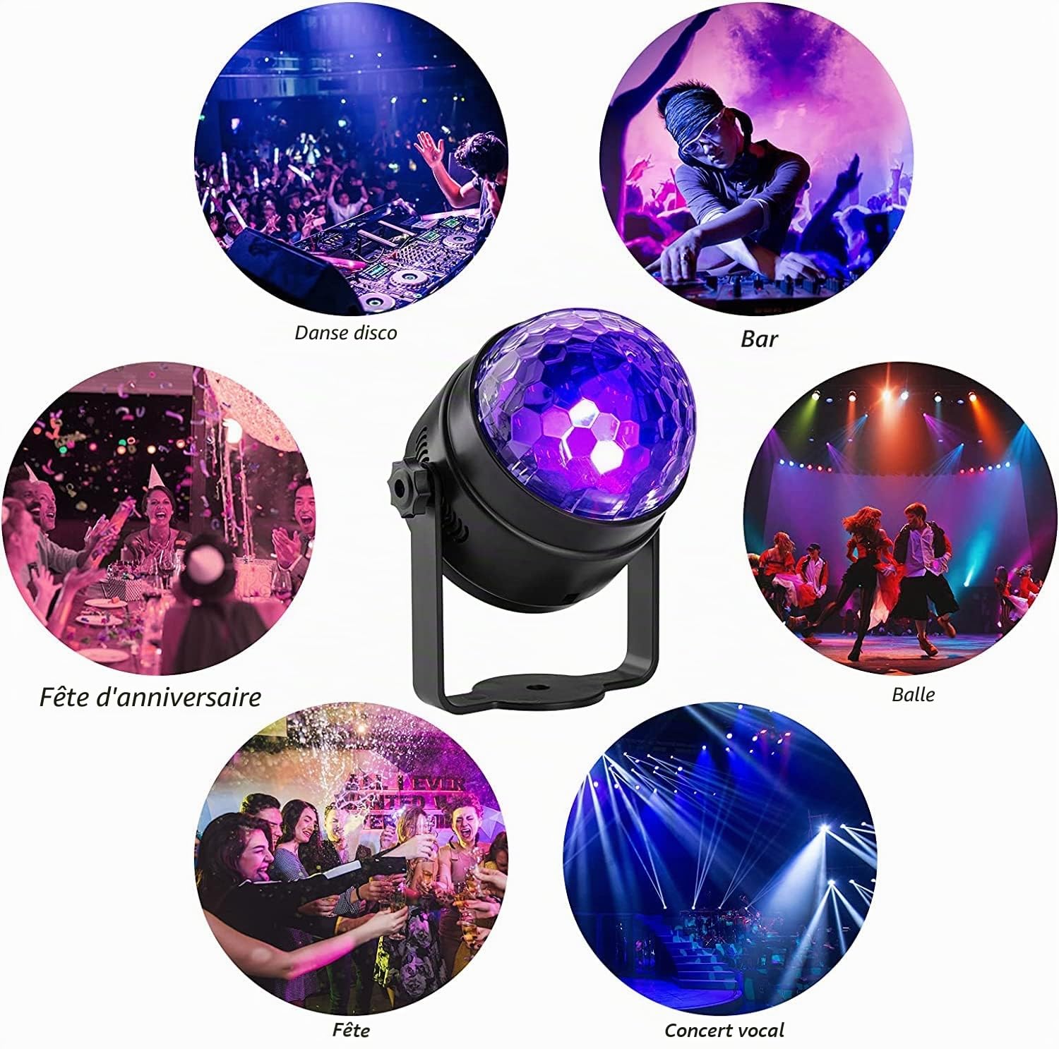 Boule disco à lumière noire UV, LUNSY 6W LED Lumières de scène activée par la musique 7 modes d'éclairage Effets d'éclairage avec télécommande pour Halloween Décoration DJ Party