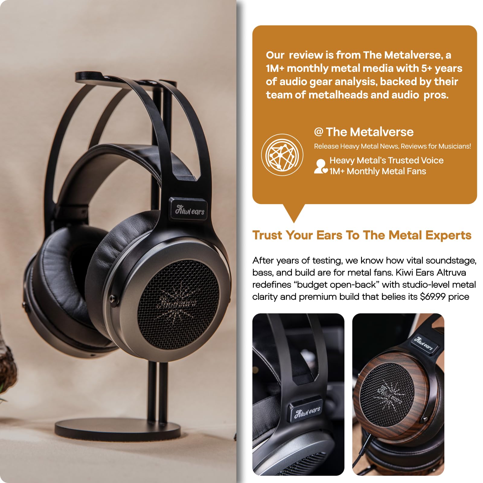 Linsoul Kiwi Ears Altruva Casque Supra-auriculaire, Surveillance Dynamique du Haut-Parleur Hi-FI 50 mm Casque de Jeu Filaire Stéréo Ouvert pour l’ingénieur de Studio Audiophile Gaming (Noir&Bois)