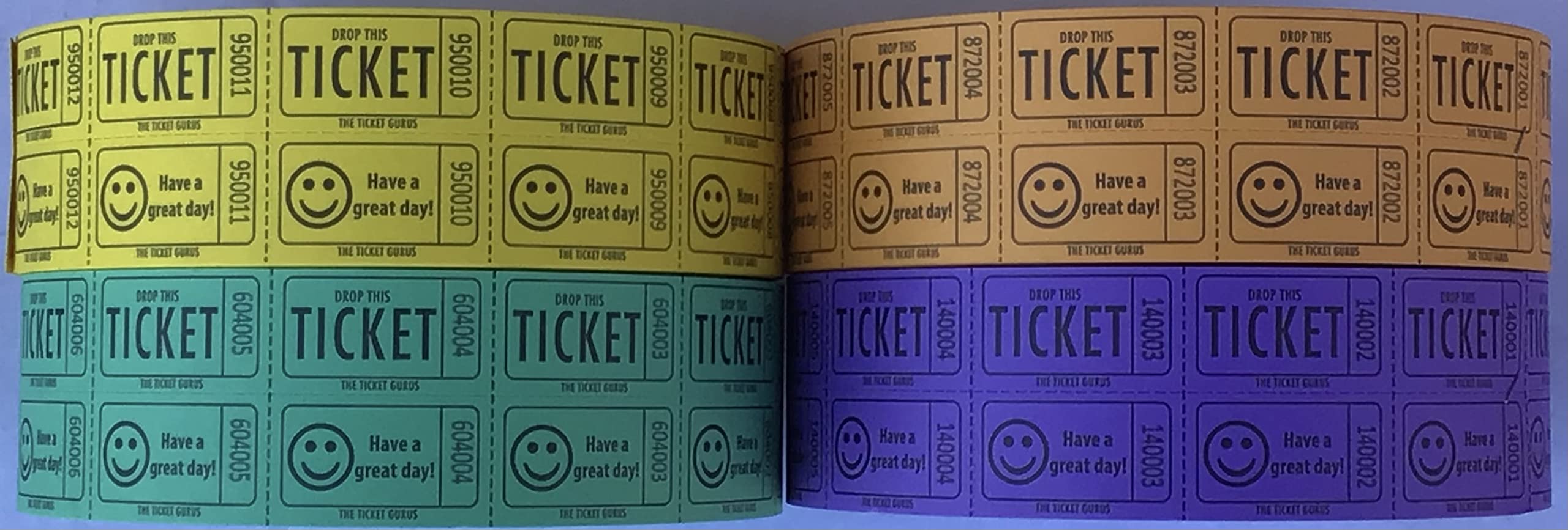 The Ticket GurusDouble Smile Raffle tickets-2000 Double Tickets/roll (Green/Yellow/Purple/Orange)