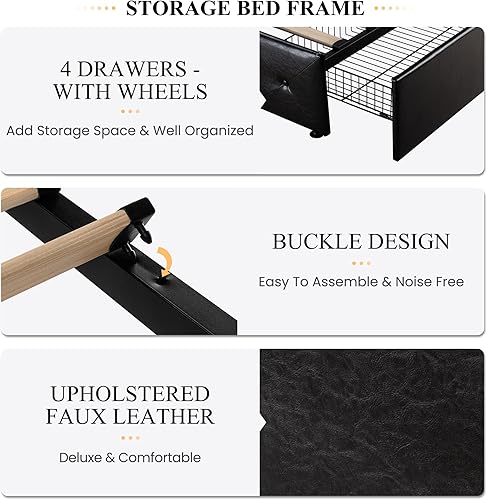 Miniatura 6 de SHA CERLIN Base de cama tapizada de plataforma completa con 4 cajones, cabecera ajustable con diseño de botón de diamante de piel sintética, soporte