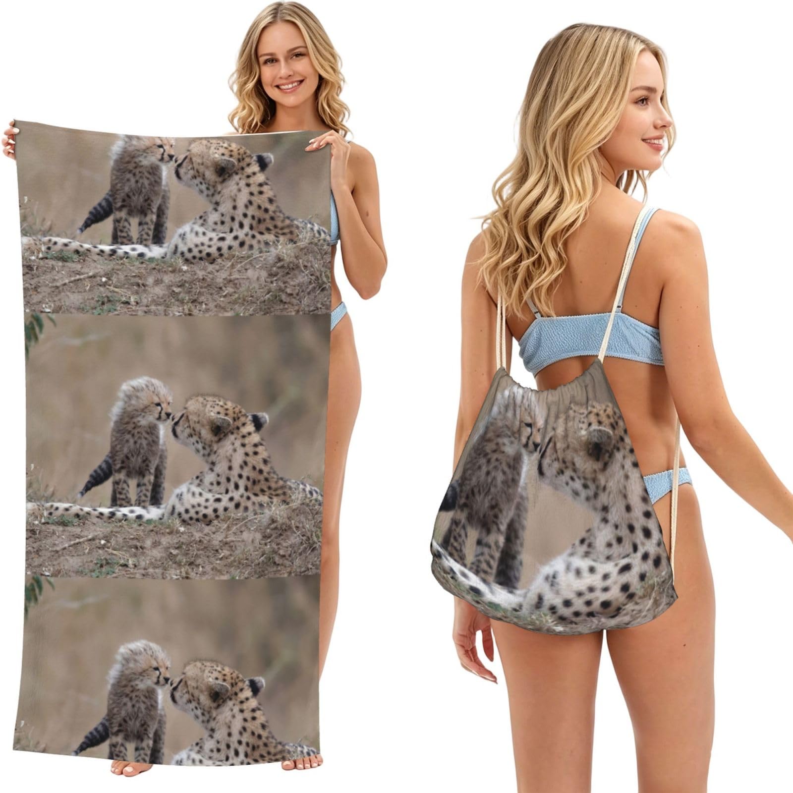 Poadnly As Picture Cheetah, 2 In 1 Packable Towel Bag, Beach Towels With Drawstring Backpack For Travel Holiday Camping