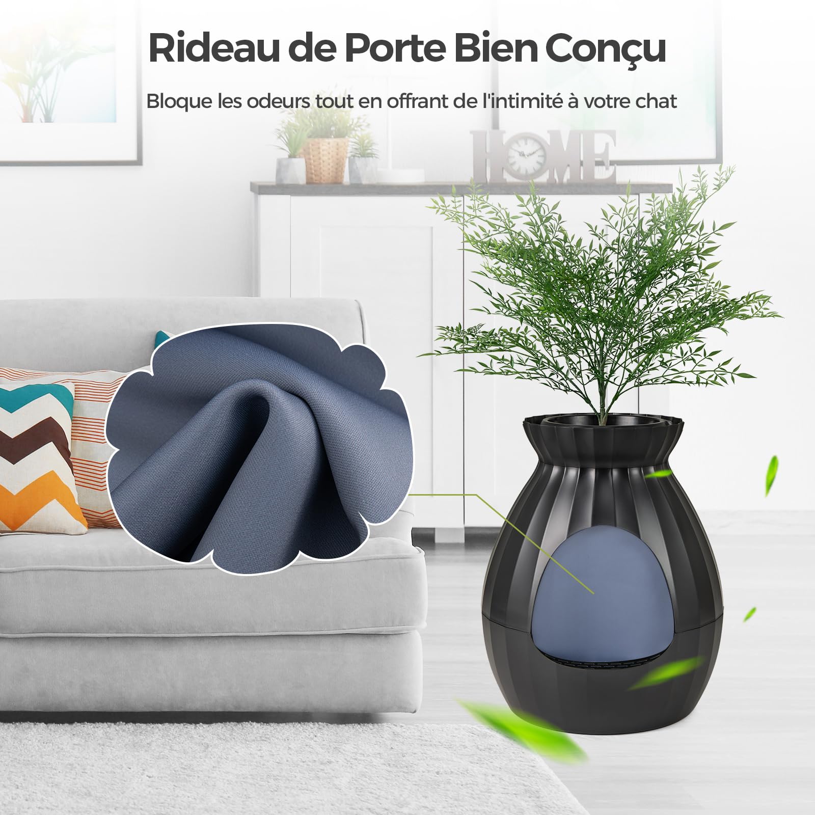 COSTWAY Bac Litiere pour Chat XXL avec Désodorisation Ionique, Grande Caisse Chat Litiere 63L avec Plante Artificielle Verte, Galets, Rideau, Pelle à Litière, Maison de Toilette pour Chaton (Noir)